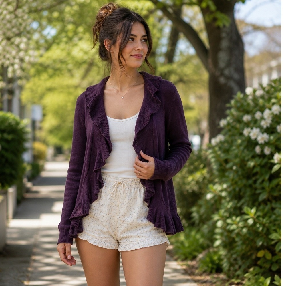 LOFT Ruffle Trim Cardigan Women Small Purple Plum Open Front Knit Coquette Top